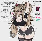  1girl absurdres arm_up artist_name asymmetrical_legwear bare_shoulders bite_mark bite_mark_on_arm bite_mark_on_leg black_bra black_gloves black_panties black_shorts black_thighhighs blonde_hair blush body_freckles bra breasts butterfly_earrings censored censored_armpit cleavage commentary cowboy_shot curvy dokidomiki dolphin_shorts double-parted_bangs earrings english_commentary english_text fingerless_gloves fingernails freckles gauze gauze_on_cheek gauze_on_face glasses gloves grey_gloves hair_between_eyes hair_ornament hand_up heart highleg highleg_panties highres jewelry large_breasts leaning_forward long_fingernails long_hair long_hair_between_eyes looking_at_viewer makeup mascara messy_hair mismatched_legwear mole mole_on_breast mole_on_shoulder mole_on_stomach mole_under_mouth nail_polish navel novelty_censor open_mouth original panties pink_eyes pink_nails raised_inner_eyebrows round_eyewear runny_makeup scar scar_on_stomach short_shorts shorts simple_background smile solo star_(symbol) star_hair_ornament stomach striped_clothes striped_gloves striped_thighhighs sweat syringe_necklace talking tearing_up thigh_freckles thighhighs tongue tongue_out twitching twitter_content_restriction twitter_strip_game twitter_username twitter_x_logo two-tone_gloves underwear v white_background wide_hips 