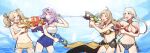  4girls absurdres ahoge alternate_costume bangs bikini blonde_hair blue_swimsuit braid breasts cleavage fighting fire_emblem fire_emblem:_the_blazing_blade fire_emblem_awakening fire_emblem_fates florina_(fire_emblem) grandmother_and_granddaughter happy highres hiomaika holding holding_water_gun large_breasts lissa_(fire_emblem) long_hair medium_breasts multiple_girls nina_(fire_emblem) one-piece_swimsuit one_eye_closed open_mouth ophelia_(fire_emblem) purple_hair sarong swimsuit twin_braids twintails water water_gun white_hair yellow_bikini yellow_swimsuit 