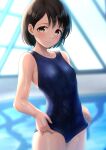  1girl blue_swimsuit breasts brown_eyes commentary_request cowboy_shot highres idolmaster idolmaster_cinderella_girls indoors looking_at_viewer new_school_swimsuit rei_no_pool sasaki_chie school_swimsuit short_hair small_breasts solo standing swimsuit tsunenorip wet wet_clothes wet_swimsuit 