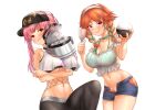  2girls absurdres arms_under_breasts bangs baseball_cap bowl bra braid breasts choker cleavage cowboy_shot crop_top crossed_arms denim denim_shorts english_commentary gradient_hair green_bra green_choker grimace groin hat headband highres holding holding_bowl holding_spoon hololive hololive_english honkivampy knee_up large_breasts looking_at_viewer lowleg lowleg_pants lowleg_shorts mori_calliope multicolored_hair multiple_girls navel open_clothes open_shorts pants pink_eyes pink_hair purple_eyes red_hair rice_bowl rice_cooker short_shorts shorts simple_background smug spoon stomach takanashi_kiara twin_braids underboob underwear unzipped virtual_youtuber white_background wooden_spoon 