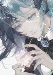  2girls absurdres ado_(utaite) aqua_hair black_bow black_bowtie blue_eyes blue_flower blue_hair blue_rose bow bowtie brooch chando_(ado) cherry_blossoms closed_mouth coat coat_on_shoulders collared_shirt commentary crack cracked_glass cropped english_commentary ericathw flower flower_brooch hatsune_miku highres jewelry long_hair long_sleeves mixed-language_commentary mole mole_under_eye multiple_girls rose shirt simple_background upper_body utaite vocaloid white_background white_shirt 