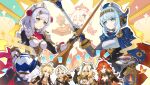  2boys 4girls absurdres aether_(genshin_impact) android animal_ears armor bennett_(adventures_in_blazing_hue)_(genshin_impact) bennett_(genshin_impact) biker_clothes bikesuit black_bodysuit black_gloves blonde_hair blue_cape blue_eyes blue_hair bodysuit braid breasts brown_gloves brown_hood brown_shirt cape closed_mouth cup earrings fingerless_gloves flower genshin_impact gloves gradient_hair green_eyes grey_hair guest_art hair_between_eyes hair_flower hair_ornament highres holding holding_plate holding_teapot ineffa_(genshin_impact) jacket jaguar_ears jewelry joints long_hair maid_headdress mavuika_(genshin_impact) mechanical_arms medium_breasts multicolored_hair multiple_boys multiple_girls noelle_(genshin_impact) official_alternate_costume open_mouth orange_eyes orange_hair paimon_(genshin_impact) plate red_flower red_hair red_rose robot robot_ears robot_girl robot_joints rose second-party_source shirt short_hair sidelocks smile suitchi_(gn4othi61) teacup teapot two-tone_hair very_long_hair white_hair xilonen_(genshin_impact) yellow_eyes 