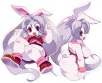  1girl animal_ears arms_up ass breasts cleavage cream_(eto_ranger) furry furry_female highres juuni_senshi_bakuretsu_eto_ranger knees_up large_breasts leotard long_hair pale_skin pink_shirt playboy_bunny purple_hair rabbit_ears rabbit_girl rabbit_tail red_eyes red_footwear red_leotard red_shirt red_skirt shirt shoes skirt solo tail thighs thong_leotard very_long_hair wrist_cuffs zankuro 