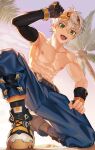  1boy abs armpits bandana bennett_(adventures_in_blazing_hue)_(genshin_impact) bennett_(genshin_impact) biceps blue_shirt collarbone commentary genshin_impact grey_hair highres looking_at_viewer looking_down male_focus navel nayoshi_(r-744) nipples on_one_knee open_mouth orange_bandana shirt smile toned toned_male topless_male 