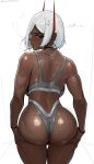  1girl aelion_draws annoyed artist_name ass ass_focus bare_shoulders blush calvin_klein dark-skinned_female dark_skin earrings from_behind grabbing_own_ass highres hoop_earrings horns jewelry looking_back original panties red_eyes red_horns shiny_skin short_hair smoking sports_bra thighs thong underwear white_background white_hair zayrah 