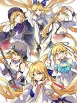  6+girls ahoge animal_ears armor artoria_caster_(fate) artoria_caster_(first_ascension)_(fate) artoria_caster_(second_ascension)_(fate) artoria_caster_(swimsuit_berserker)_(fate) artoria_caster_(swimsuit_berserker)_(first_ascension)_(fate) artoria_caster_(swimsuit_berserker)_(second_ascension)_(fate) artoria_caster_(swimsuit_berserker)_(third_ascension)_(fate) artoria_caster_(third_ascension)_(fate) artoria_pendragon_(fate) bare_shoulders baseball_cap beret black_gloves blonde_hair blush breastplate breasts cape carimarica commentary_request crown dress facial_mark fate/grand_order fate_(series) forehead_mark gloves green_eyes grey_gloves hair_between_eyes hat highres holding holding_staff holding_weapon long_hair looking_at_viewer multiple_girls open_mouth rabbit_ears shrug_(clothing) smile staff staff_of_selection_(fate) twintails weapon white_background 