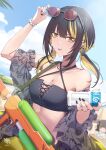  1girl 2025 adjusting_eyewear artist_logo bare_shoulders black_hair black_tube_top blonde_hair bottle bracelet breasts character_doll criss-cross_halter detached_sleeves doll ear_piercing earrings halterneck highres hiroki_ree holding holding_bottle idolmaster idolmaster_shiny_colors ikaruga_luca jewelry logo low_twintails medium_hair nesoberi outdoors parted_lips piercing red-tinted_eyewear see-through_clothes see-through_sleeves small_breasts solo strapless swimsuit tinted_eyewear tube_top twintails water_gun yellow_eyes 