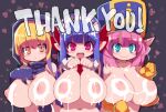  3girls :d blonde_hair blue_eyes blue_hair blush bow breasts character_request closed_mouth copyright_request disgaea dragon_quest dragon_quest_x elf_(dq10) fangs hair_bow hat heart highres hood hood_up huge_breasts inverted_nipples looking_at_viewer mage_(disgaea) maid_headdress medium_hair milestone_celebration multiple_girls navel necktie nipples open_mouth parted_lips pink_eyes pink_hair pointy_ears red_bow red_neckwear smile thank_you upper_body yellow_eyes zankuro 