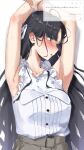  2girls absurdres ahoge armpits arms_up awa_subaru black_hair black_ribbon blush commentary_request ear_blush frilled_shirt frills girls_band_cry hair_ribbon highres iseri_nina long_hair multiple_girls neck_ribbon open_mouth parted_bangs request_inset ribbon shirt sleeveless sleeveless_shirt solo_focus submaro sweat undone_neck_ribbon white_ribbon white_shirt yuri 