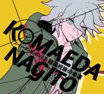  1boy bangs brown_eyes character_name collarbone commentary_request copyright_name danganronpa_(series) danganronpa_2:_goodbye_despair dutch_angle green_jacket grey_hair hood hooded_jacket jacket komaeda_nagito looking_at_viewer male_focus medium_hair orange_background print_shirt shirt simple_background smile solo tege_(tege_xxx) translation_request yellow_background 