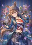  1girl animal_ears beanie belt black_gloves black_pants brown_hair closed_mouth coat cowboy_shot denim dice dice_necklace ears_through_headwear fingerless_gloves flower gloves grey_hat grin hat highres horse_ears horse_girl horse_tail jeans jewelry long_hair long_sleeves midriff nakayama_festa_(umamusume) navel necklace open_clothes open_coat pants petals purple_eyes red_shirt shadow shirt smile solo tail thumb_in_pocket torn_clothes torn_jeans torn_pants torn_shirt umamusume yakkuro 