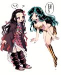  2girls ? animal_print asa_no_ha_(pattern) bikini black_leg_warmers breasts brown_hair checkered_haori checkered_sash cleavage commentary_request cone_horns crossover fangs floating full_body fur_bikini gradient_hair green_hair haori highres horns japanese_clothes kamado_nezuko kimetsu_no_yaiba kimono leg_warmers long_hair lum multicolored_hair multiple_girls oni pink_eyes pink_kimono pink_ribbon print_bikini print_boots ribbon rumic_0620 sandals small_horns smile strapless strapless_bikini striped_horns swimsuit tiger_panties tiger_print translation_request urusei_yatsura white_background yellow_bikini yellow_horns 