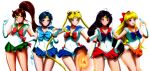  1girl 5girls aino_minako ass_visible_through_thighs back_bow bishoujo_senshi_sailor_moon bishoujo_senshi_sailor_moon_(first_season) black_hair blonde_hair blue_bow blue_choker blue_eyes blue_hair blue_sailor_collar blue_skirt boots bow breasts brooch brown_hair cameltoe chain choker circlet cleavage closed_mouth collarbone commentary commentary_request cowboy_shot crescent crescent_choker crescent_earrings double_bun earrings elbow_gloves electricity electrokinesis fire glint gloves green_choker green_eyes green_sailor_collar green_skirt grimbyslayer hair_bobbles hair_bow hair_bun hair_ornament half_updo hand_on_own_chest hand_on_own_hip hand_up highres hino_rei holding holding_chain holding_ofuda holding_wand jewelry kino_makoto leotard leotard_peek light_smile long_hair looking_at_viewer maboroshi_no_ginzuishou magical_girl medium_breasts miniskirt mizuno_ami moon_stick_(sailor_moon) multiple_girls ofuda open_mouth orange_choker orange_sailor_collar orange_skirt parted_bangs parted_lips pink_bow pleated_skirt ponytail purple_bow purple_eyes red_bow red_choker red_sailor_collar red_skirt sailor_collar sailor_jupiter sailor_mars sailor_mercury sailor_moon sailor_senshi_uniform sailor_venus short_hair simple_background skirt smile solo standing star_(symbol) star_earrings thigh_gap tiara transformation_brooch_(sailor_moon) transparent_background tsukino_usagi twintails v venus_love_me_chain very_long_hair wand water white_gloves white_leotard yellow_bow 