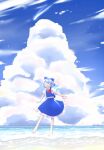  1girl barefoot blue_bow blue_hair blue_skirt blue_sky blue_vest blush bow cirno closed_eyes cloud collared_shirt commentary_request cumulonimbus_cloud day detached_wings facing_viewer frilled_skirt frills hair_bow highres ice ice_wings ktune_udon neck_ribbon ocean open_mouth outdoors puffy_short_sleeves puffy_sleeves red_ribbon ribbon shirt short_sleeves skirt sky smile solo toes touhou vest water white_shirt wings 