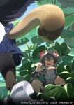  2girls black_skirt blue_skirt blue_sweater blush boots brown_pantyhose fangs glowing glowing_eyes grey_boots grey_hoodie hiding high_collar hood hood_up hoodie kemono_friends kemono_friends_3 leaf long_hair multiple_girls nishiki_kazue nose_blush official_art okinawa_habu_(kemono_friends) open_mouth pantyhose pleated_skirt print_hoodie raccoon_girl raccoon_tail saliva school_uniform skirt slit_pupils snake_girl snake_print snake_tail squatting sweater tail tanuki_(kemono_friends) yellow_eyes 