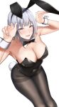  1girl animal_ears arms_up bangs black_legwear blunt_bangs bow bowtie breasts bunny_pose cleavage covered_navel detached_collar eyebrows_visible_through_hair fake_animal_ears from_above girls&#039;_frontline highres ichinose_(ichinose1592) large_breasts leotard looking_at_viewer pantyhose parted_lips playboy_bunny purple_eyes rabbit_ears rabbit_tail rpk-16_(girls&#039;_frontline) short_hair silver_hair simple_background sitting solo tail white_background wrist_cuffs 