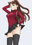  1girl absurdres arm_up black_skirt black_thighhighs breasts brown_hair closed_mouth commentary covered_navel fate/stay_night fate_(series) green_eyes grey_background highres jan0t0 long_hair looking_at_viewer medium_breasts miniskirt red_shirt shirt simple_background skirt smile solo standing taut_clothes taut_shirt thighhighs thighs tohsaka_rin turtleneck two_side_up very_long_hair zettai_ryouiki 