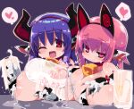  2girls :d absurdres animal_ears animal_print bell bikini blush breasts closed_mouth covered_nipples cow_ears cow_print cowbell cup deathlock-san deep_skin ear_tag extra_ears eyebrows_visible_through_hair hairband heart highres horns huge_breasts ishtar-san lactation looking_at_viewer milk mug multiple_girls neck_bell one_eye_closed open_mouth original outline pink_eyes pink_hair purple_background red_eyes red_hairband simple_background smile spoken_heart swimsuit white_bikini white_outline zankuro 