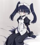  black_hair black_skirt character_request closed_mouth copyright_request feet_out_of_frame glaring maid_headdress puffy_short_sleeves puffy_sleeves red_eyes robot_ears short_sleeves skirt tagme twintails white_background yktskatch 