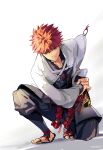  1boy absurdres battoujutsu_stance black_pants cape carimarica closed_mouth emiya_shirou fate/grand_order fate_(series) fighting_stance full_body highres katana long_sleeves looking_at_viewer male_focus orange_eyes orange_hair pants ready_to_draw sandals senji_muramasa_(fate) senji_muramasa_(second_ascension)_(fate) short_hair sitting smile solo sword weapon white_background white_cape 