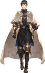  1boy absurdres aiguillette arm_guards black_gloves black_pants black_tunic blue_eyes boots brown_boots brown_hair cloak elbow_gloves game_cg gloves hand_on_hilt high_collar highres knee_guards male_focus male_voyager non-web_source official_art pants solo straight-on swept_bangs sword sword_of_convallaria transparent_background tunic weapon white_cloak 