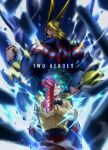  2boys all_might alternate_costume antenna_hair back-to-back bangs black_bow blonde_hair blue_bodysuit bodysuit boku_no_hero_academia bow bowtie brown_shirt clenched_hand commentary covered_eyes energy freckles green_eyes green_hair hair_slicked_back hand_on_hip hand_up highres male_focus messy_hair midoriya_izuku multiple_boys muscular muscular_male pants red_pants shirt shirt_tucked_in short_hair smile superhero tomoya_(10mymn10_mha) twitter_username white_bodysuit yagi_toshinori 