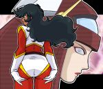  2girls ass black_hair bodysuit brown_hair cowboy_shot dark-skinned_female dark_skin eyeliner f_a from_behind gloves great_mazinger green_eyes hands_on_own_ass honoo_jun lipstick looking_to_the_side makeup mazinger_(series) mecha_pilot_suit metal_hair multicolored_bodysuit multiple_girls oekaki outline parted_lips profile red_bodysuit red_eyeliner red_lips robot_girl two-tone_bodysuit venus_a very_dark_skin white_bodysuit white_gloves white_outline 