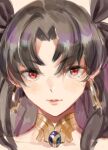  1girl bangs black_bow blush bow brown_hair collar earrings eyebrows_visible_through_hair fate/grand_order fate_(series) hair_bow highres ishtar_(fate) ishtar_(fate)_(all) jewelry light_smile long_hair looking_at_viewer parted_bangs parted_lips portrait red_eyes sanpaku solo yd_(orange_maru) 