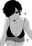  1girl absurdres bangs breasts cleavage collarbone greyscale heart highres large_breasts leaning_forward monochrome norman_maggot olive_laurentia original parted_bangs parted_lips pixie_cut short_hair short_shorts shorts thighs 