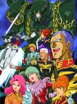  3boys 4girls aina_saharin anavel_gato armor bernard_wiseman black_capelet blonde_hair blunt_bangs bodysuit breasts brown_hair capelet cecilia_irene closed_mouth commentary dokite_tsukasa energy_sword epaulettes gihren_zabi gloves glowing glowing_eyes green_eyes green_hair gundam gundam_0080 gundam_0083 gundam_08th_ms_team gundam_gihren_no_yabou hand_up heart helmet high_collar highres holding holding_sword holding_unworn_helmet holding_weapon interlocked_fingers jacket kuzco_al kycilia_zabi lipstick long_hair looking_at_viewer low_ponytail makeup mecha mecha_pilot_suit medium_breasts military military_uniform mobile_suit_gundam multiple_boys multiple_girls official_art one-eyed one_eye_closed open_mouth orange_hair orange_jacket own_hands_together pink_hair pink_lips pointing ponytail purple_hair purple_shirt red_bodysuit red_lips robot rx-78-2_gundam scan science_fiction shirt short_hair shoulder_armor smile space sword translated unworn_headwear unworn_helmet v very_short_hair wavy_hair weapon white_eyes white_gloves white_hair yellow_eyes zaku_ii zaku_ii_f_dozle_zabi_custom zeon 