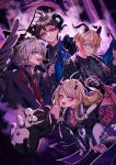  1girl 3boys ahoge akamatsu_kaede bat_wings black_halo blonde_hair blue_eyes brown_hair collar commentary curled_horns danganronpa:_trigger_happy_havoc danganronpa_(series) danganronpa_2:_goodbye_despair danganronpa_another_episode:_ultra_despair_girls demon_boy demon_girl demon_horns demon_tail demon_wings eyelashes fallen_angel feathered_wings glaring glasses glowing glowing_eyes green_eyes grey_hair hair_ornament halo heterochromia highres hinata_hajime horns jacket komaeda_nagito long_hair long_sleeves looking_at_viewer monokuma multiple_boys necktie nota_sayaka official_alternate_costume open_mouth pink_eyes short_hair tail teeth togami_byakuya wings 