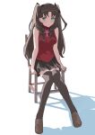  1girl absurdres aqua_eyes bare_arms black_skirt breasts brown_hair brown_shoes brown_thighhighs chair closed_mouth commentary_request fate/stay_night fate_(series) hair_ribbon highres long_hair looking_at_viewer medium_breasts miniskirt ribbon shirt shoes simple_background sitting skirt sleeveless sleeveless_shirt solo thighhighs tohsaka_rin two_side_up very_long_hair vyun white_background zettai_ryouiki 
