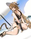  1girl animal_ears arknights beach beach_umbrella black_choker black_footwear black_gloves black_swimsuit breasts chinese_commentary choker cleavage clothes_around_waist commentary dutch_angle ears_through_headwear fingerless_gloves gloves green_eyes hat highres large_breasts long_hair looking_at_viewer official_alternate_costume one-piece_swimsuit open_mouth sandals shirt shirt_around_waist single_glove sitting solo sun_hat swimsuit swire_(arknights) tail thigh_strap tiger_ears tiger_girl tiger_tail umbrella unfinished white_headwear white_shirt yeyuanqianqianqian 