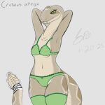 2025 absurd_res anthro arms_above_head bedroom_eyes big_tail blep bow_bra bow_panties bow_underwear bra breasts brown_markings clothing countershade_face countershade_scales countershade_tail countershade_torso countershading dated digital_drawing_(artwork) digital_media_(artwork) eyelashes fangs female female_anthro flat_colors forked_tongue frilly frilly_bra frilly_clothing frilly_legwear frilly_panties frilly_thigh_highs frilly_underwear front_view green_bra green_clothing green_eyes green_legwear green_lingerie green_panties green_thigh_highs green_underwear grey_background hi_res krita_(artwork) legwear lingerie long_neck long_tail looking_at_viewer markings medium_breasts narrowed_eyes navel non-mammal_breasts panties pink_tongue pinup pit_viper portrait pose pupils raised_arms rattle_(anatomy) rattlesnake reptile scale_markings scales scalie seductive signature simple_background sketch sketchbook_(artwork) slit_pupils smile smiling_at_viewer snake snout solo spe species_name tail tan_body tan_countershading tan_scales teeth text thick_tail thick_thighs thigh_highs three-quarter_portrait tongue tongue_out underwear ventral_scales viper western_diamondback_rattlesnake wide_hips