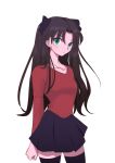  1girl arms_behind_back black_hair black_skirt black_thighhighs breasts closed_mouth collarbone eumenes321 fate/stay_night fate_(series) green_eyes hair_ribbon highres long_hair long_sleeves looking_at_viewer miniskirt red_shirt ribbon shirt simple_background skirt solo thighhighs tohsaka_rin two_side_up very_long_hair white_background zettai_ryouiki 