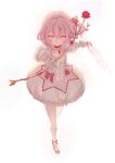 1girl absurdres arrow_(projectile) bow_(weapon) cosplay dress full_body highres holding holding_arrow holding_bow_(weapon) holding_weapon kaname_madoka kaname_madoka_(cosplay) nijisanji nijisanji_en pink_dress pink_eyes pink_hair rosemi_lovelock side_ponytail simple_background solo usagii_11 virtual_youtuber weapon white_background 