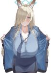  1girl absurdres animal_ear_fluff animal_ears black_jacket black_pantyhose blonde_hair blue_archive blue_necktie blue_shirt blue_skirt blush breasts cleavage collarbone extra_ears hair_over_one_eye halo highres huge_breasts jacket kanna_(blue_archive) long_hair looking_at_viewer loose_necktie necktie one_eye_covered open_clothes open_collar open_jacket pantyhose police police_uniform ref_(pmxt4483) sharp_teeth shirt shirt_tucked_in simple_background skirt solo steaming_body straight_hair sweat teeth two-sided_fabric two-sided_jacket very_long_hair white_background 