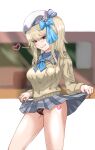  1girl absurdres bare_legs beret black_panties blonde_hair blue_bow blue_eyes blue_neckwear bow brown_cardigan cardigan closed_mouth clothes_lift eyebrows_visible_through_hair feet_out_of_frame girls&#039;_frontline girls&#039;_frontline_2:_exilium grey_skirt hair_bow hat heart heart_print heart_tattoo highres kepra_iii legs long_hair looking_at_viewer panties simple_background skirt skirt_lift smile solo standing tattoo tongue tongue_out underwear vepley_(girls&#039;_frontline_2) white_headwear 