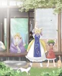  3girls alternate_costume animal_ear_fluff animal_ear_piercing animal_ears animal_hat barefoot blonde_hair boots bow bowtie breasts brown_hair cat cat_ears cat_tail chen closed_eyes commentary_request dress earrings falling_leaves fox_tail green_hat hair_bow hat highres hoop_earrings japanese_clothes jewelry kimono ktune_udon leaf long_sleeves mob_cap multiple_girls multiple_tails no_headwear one_eye_closed open_mouth orange_cat orb purple_tabard red_bow red_skirt red_vest scroll single_earring skirt sleepwear stretching tabard tail toes touhou vase vest white_boots white_dress white_kimono yakumo_ran yakumo_yukari yawning yellow_bow yellow_bowtie yin_yang yin_yang_orb 