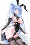  1girl absurdres animal_ear_hairband animal_ears bare_shoulders black_bridal_gauntlets black_eyes black_leotard black_thighhighs blue_hair blush breast_curtains breasts bridal_gauntlets character_request choyeon commentary_request copyright_request covered_navel fake_animal_ears fang hair_intakes hair_rings hairband halo highleg highleg_leotard highres kneeling large_breasts leotard long_hair looking_at_viewer multicolored_halo open_mouth rabbit_ear_hairband rabbit_ears simple_background skindentation smile solo teeth thighhighs traditional_halo two_side_up underboob upper_teeth_only white_background 