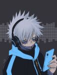  1boy alternate_costume bangs black_background black_jacket blue_jacket boku_no_hero_academia burn_scar cellphone commentary dabi_(boku_no_hero_academia) grey_eyes grey_hair hand_up headphones highres holding holding_phone jacket male_focus messy_hair phone piercing scar signature smartphone solo spoilers symbol-only_commentary todoroki_touya upper_body yu_shi_(ametoki_ichi) 