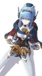  1girl absurdres android blue_cape blue_eyes blue_hair blunt_bangs breasts cape closed_mouth genshin_impact hair_ornament hat highres ineffa_(genshin_impact) joints knees_together_feet_apart llami_0 looking_at_viewer mechanical_arms medium_breasts robot robot_ears robot_girl robot_joints short_hair sidelocks sitting solo white_background 