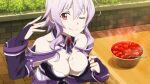  1girl breasts cleavage food game_cg highres large_breasts looking_at_viewer mole mole_on_breast official_art one_eye_closed purple_hair red_eyes smile solo strea_(sao) sword_art_online sword_art_online:_hollow_fragment wet 