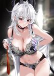 1girl abby_(wuthering_waves) bad_link bare_shoulders black_bra black_choker black_eyes black_horns black_panties blurry blurry_background blush bra breasts choker cleavage curled_horns fingernails floral_print grey_hair groin hair_between_eyes highres horns indoors large_breasts long_hair looking_at_viewer m_(1n910) mole mole_on_breast mole_under_eye multicolored_eyes nail_polish navel necktie open_clothes open_shirt panties parted_lips red_eyes red_nails red_necktie revision shirt solo stomach thigh_gap thighs two-tone_eyes underwear undone_necktie white_shirt wuthering_waves zani_(wuthering_waves) 
