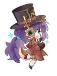  1boy animal_ears bandana black_eyes black_gloves black_hair black_shoes blue_eyes brown_capelet brown_coat capelet chibi coat dog_boy dog_ears dog_tail finame0 full_body gears gloves hat heterochromia highres hong_lu_(project_moon) limbus_company long_hair long_sleeves looking_at_viewer low_ponytail male_focus monocle open_mouth pants plaid_capelet plaid_clothes ponytail project_moon shoes simple_background solo standing steampunk tail top_hat very_long_hair white_background white_bandana white_pants yurodiviye_(identity)_(project_moon) 