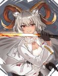  1girl animal_ears arknights black_gloves blood blood_on_clothes carnelian_(arknights) collarbone cropped_jacket dark-skinned_female dark_skin gloves goat_ears goat_girl goat_horns grey_hair hair_between_eyes highres holding holding_sword holding_weapon horns jacket looking_at_viewer mabing red_eyes shirt short_hair smile solo sword teeth v-shaped_eyebrows weapon white_jacket white_shirt 
