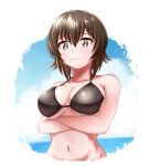  1girl bangs bikini black_bikini blue_sky breasts brown_eyes brown_hair busan_no_hamaguchi cleavage closed_mouth cloud cloudy_sky commentary crossed_arms day eyebrows_visible_through_hair girls_und_panzer halterneck horizon looking_at_viewer medium_breasts navel nishizumi_maho ocean outdoors short_hair sky smile solo sweatdrop swimsuit upper_body 