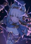  1girl absurdres android aqua_hair blue_cape blue_eyes breasts cape cracked_skin fall4592 genshin_impact hat highres humanoid_robot ineffa_(genshin_impact) long_hair looking_at_viewer mechanical_arms mechanical_legs medium_breasts open_mouth robot robot_girl solo 
