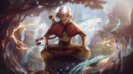  1boy aang absurdres animal arrow_(symbol) arrow_tattoo avatar:_the_last_airbender avatar_legends bald capelet closed_eyes closed_mouth commentary day english_commentary fire forehead_tattoo full_body highres lemur meditation momo_(avatar) mountain nature outdoors pants piixeln realistic red_capelet tattoo tree water yellow_pants 