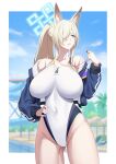  1girl animal_ears armband ass_visible_through_thighs beach blonde_hair blue_archive blue_eyes blue_halo blue_jacket blue_sky blurry blurry_background breasts cloud cloudy_sky commentary competition_swimsuit covered_navel cowboy_shot dog_ears extra_ears hair_over_one_eye halo hand_on_own_hip highleg highleg_one-piece_swimsuit highres holding holding_whistle jacket kanna_(blue_archive) kanna_(swimsuit)_(blue_archive) large_breasts long_hair looking_to_the_side notched_ear off_shoulder official_alternate_costume one-piece_swimsuit open_clothes open_jacket outside_border ponytail purple_armband sharp_teeth sidelocks sky solo standing suigetu26 swimsuit teeth whistle whistle_around_neck white_one-piece_swimsuit 